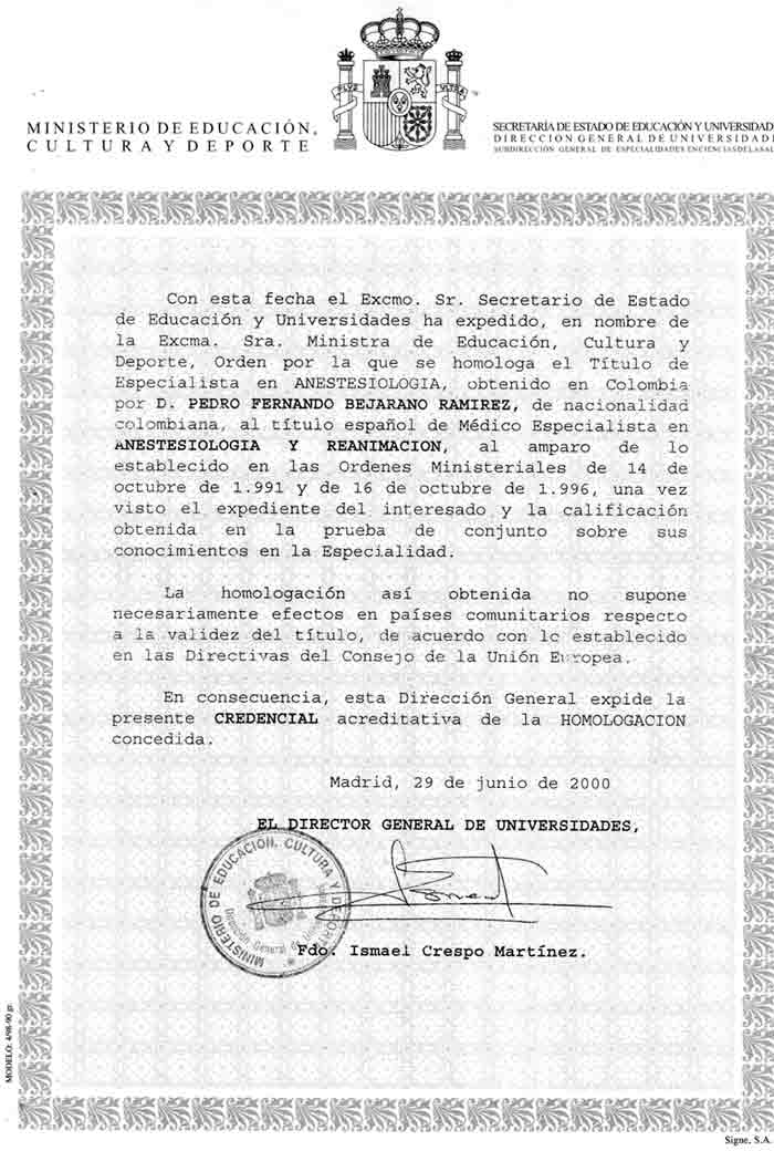Homlogación Anestesista